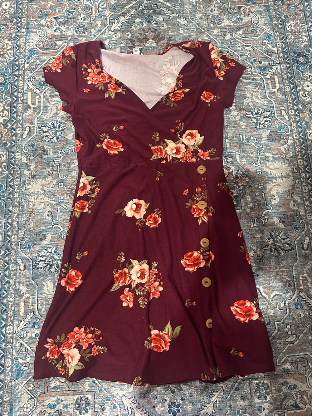 Arizona Jean Company Burgundy Floral Wrap-Style Dress with Button Detail